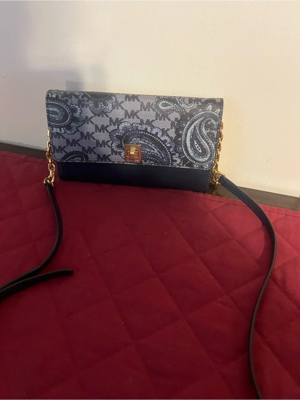 Michael Kors Navy Paisley MK Logo Chain-Trim Crossbody